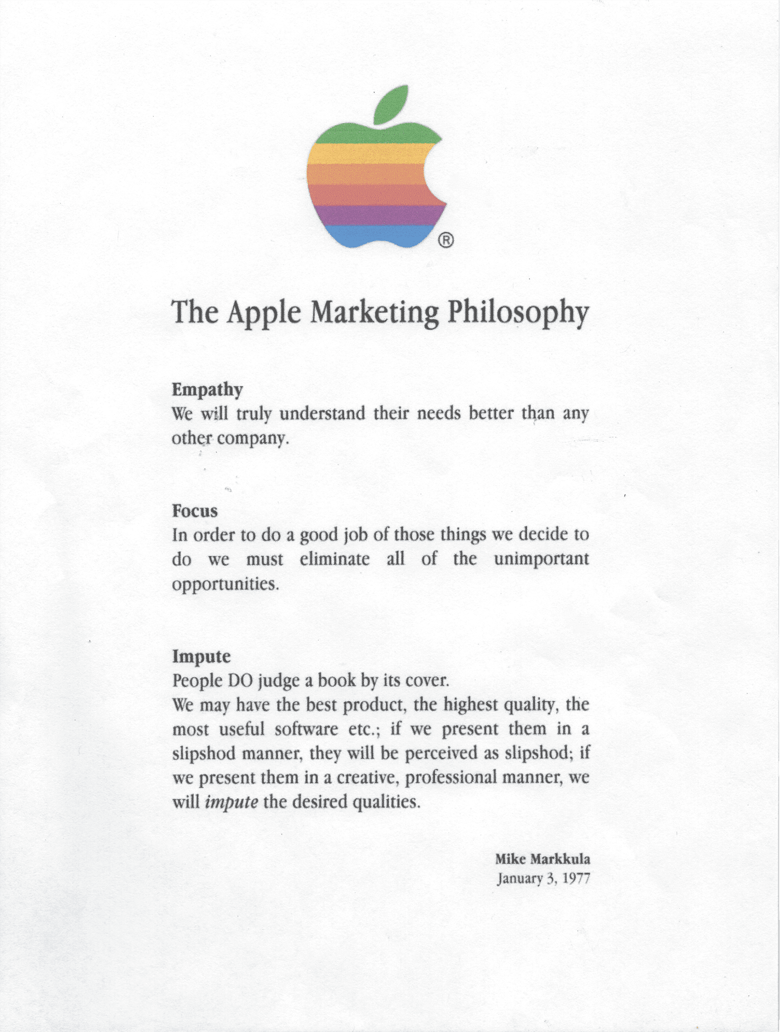 The Apple Marketing Philosophy, a one-page memo by Mike Markkula dated January 3, 1977, headed by the rainbow Apple logo, listing three principles: Empathy, Focus, and Impute.